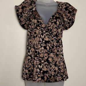 Ann Taylor Women's Sz 6 Floral Print Short Puff Sleeve Faux Wrap Side Zip Blouse